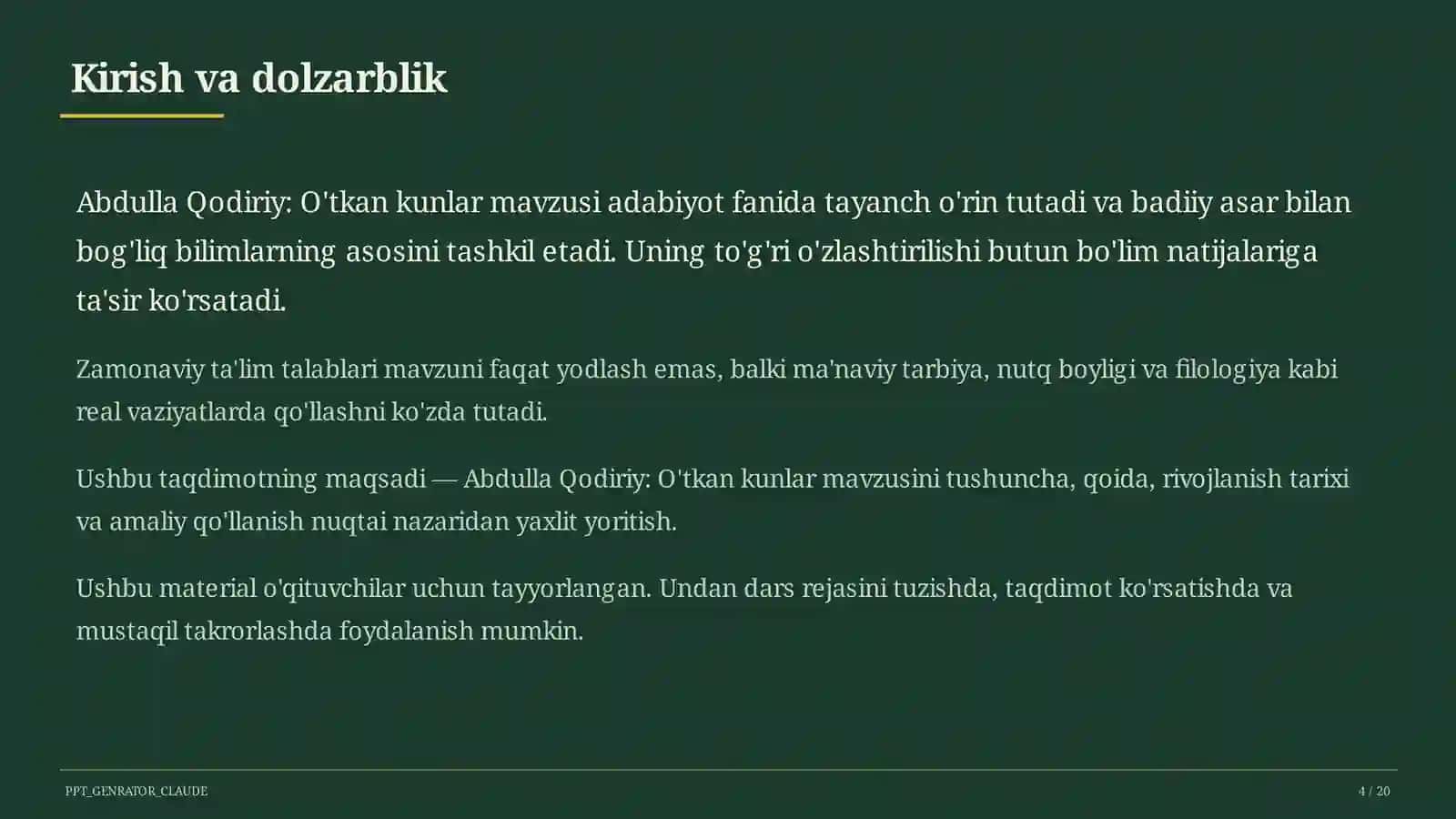Abdulla Qodiriy: O'tkan kunlar (9-sinf) 4
