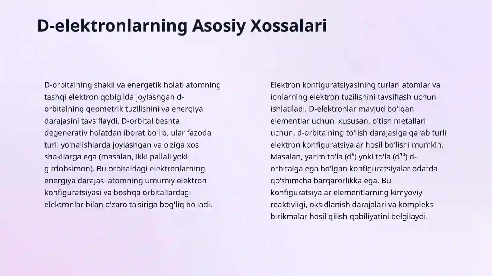Kompleks birikmalarda d-elektron konfiguratsiyasi va uning fizik-kimyoviy xossalarga taʼsiri 4