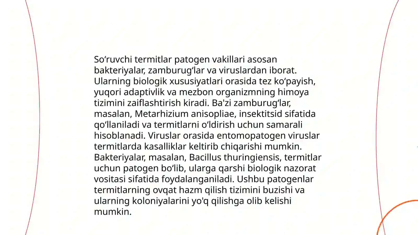 So‘ruvchi termitlar sinfining patogen vakillarining tuzilishi, rivojlanishi, qo‘zg‘atuvchilari, kasalliklarga qarshi kurash yo‘llari 4