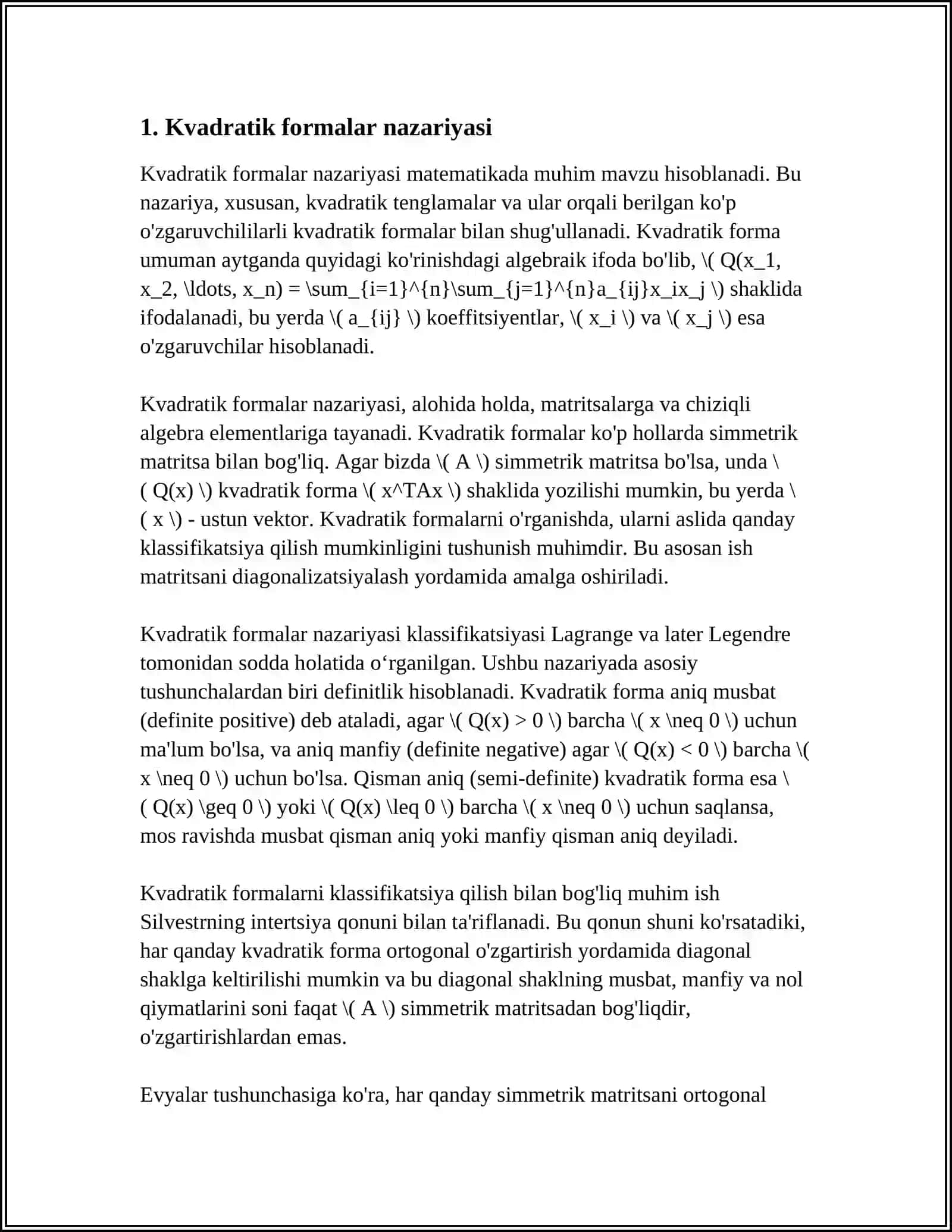 KOMPLEKS SONLAR MAYDONI USTIDA BERILGAN FAZODAGI KVADRATIK FORMALAR VA ULARNING KANONIK SHAKLLARI 4