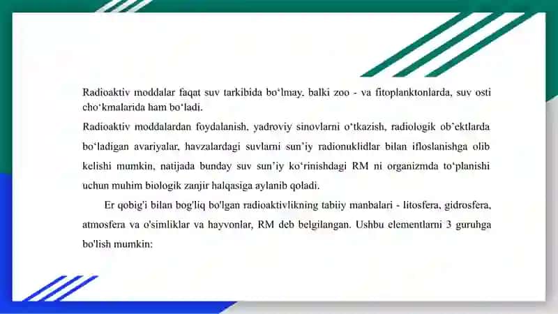 Ishchi yuzalarni radioaktiv moddalar bilan ifloslanganligini tekshirish usullari. Ishchi yuzalarni va suvni dezaktivatsiya qilish usullari. 4