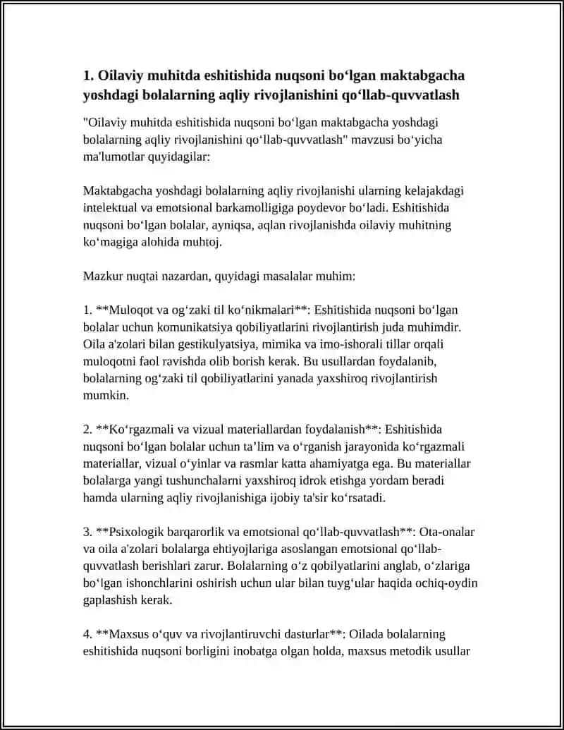 Oilaviy muhitda eshitishida nuqsoni bo‘lgan maktabgacha yoshdagi bolalarning aqliy rivojlanishini qo‘llab‑quvvatlash 4