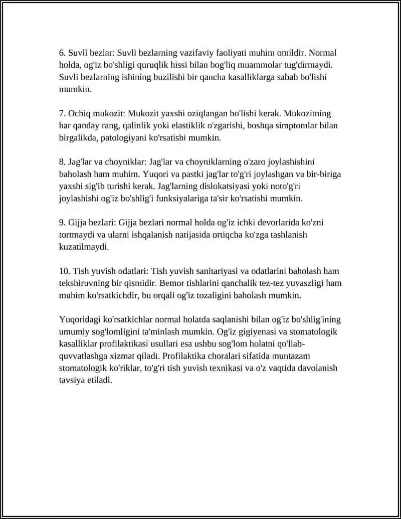 OGIZ BOSHLIGI AZOLARINING STOMATOLOGIK TEKSHIRISH KORSATKICHLARI. STOMATOLOGIK KASALLIKLAR PROFILAKTIKASI USULLARI 4