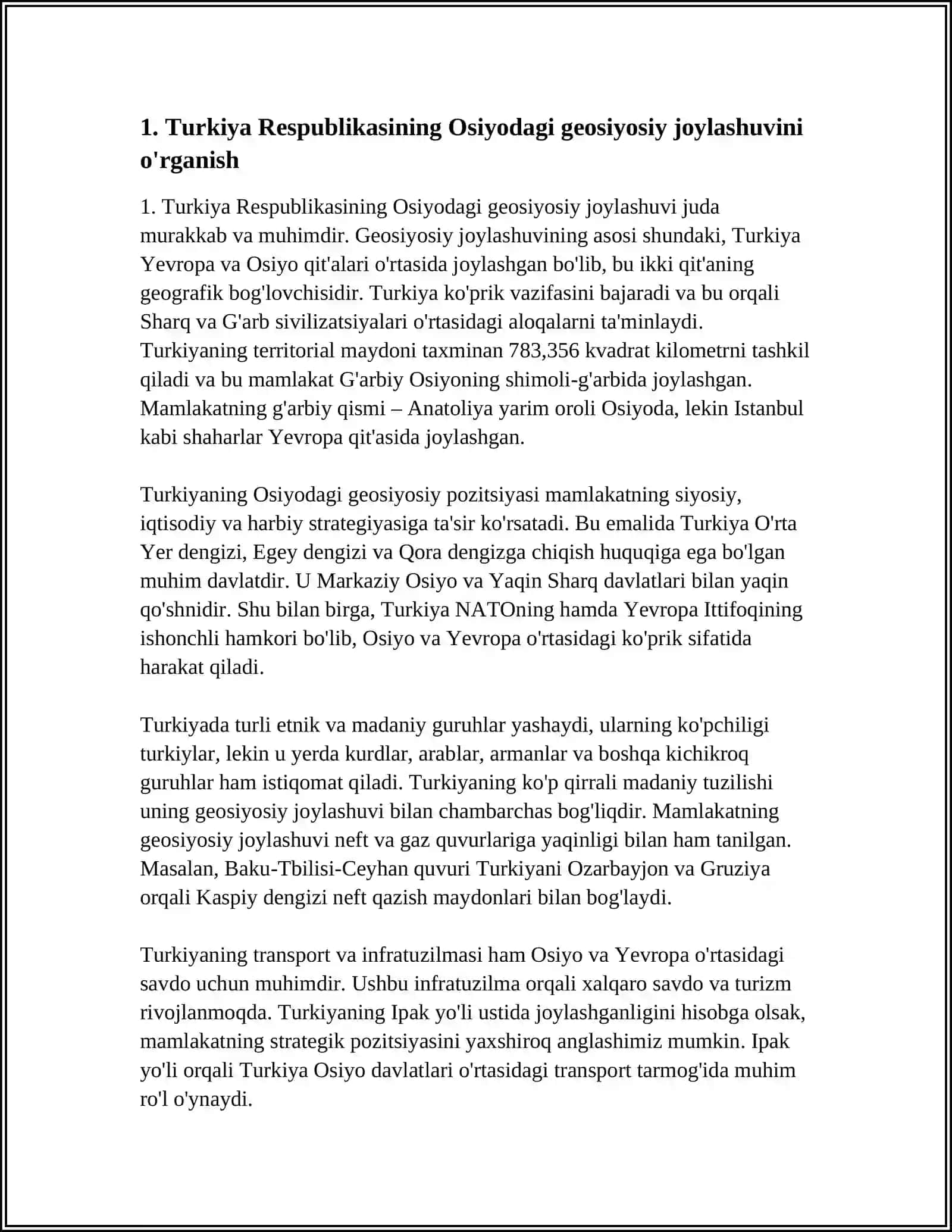 OSIYO SIYOSIY XARITASINI OʻRGANISH. OSIYO MAMLAKATLARINI YOZUVSIZ XARITAGA TUSHIRISH. TURKIYA RESPUBLIKASI 4