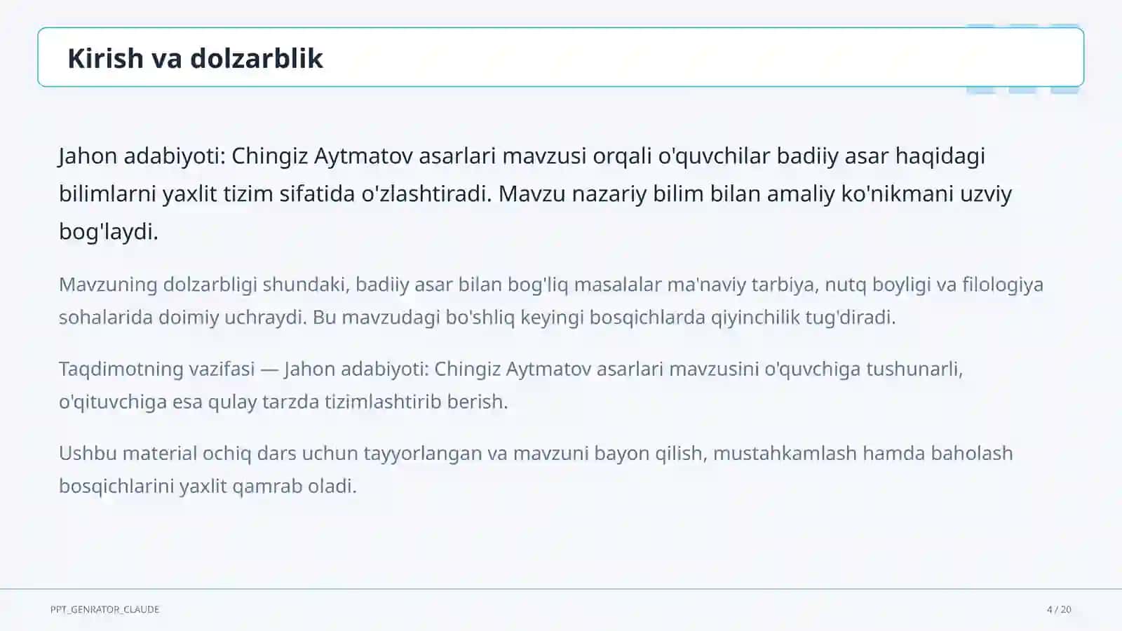 Jahon adabiyoti: Chingiz Aytmatov asarlari (11-sinf) 4