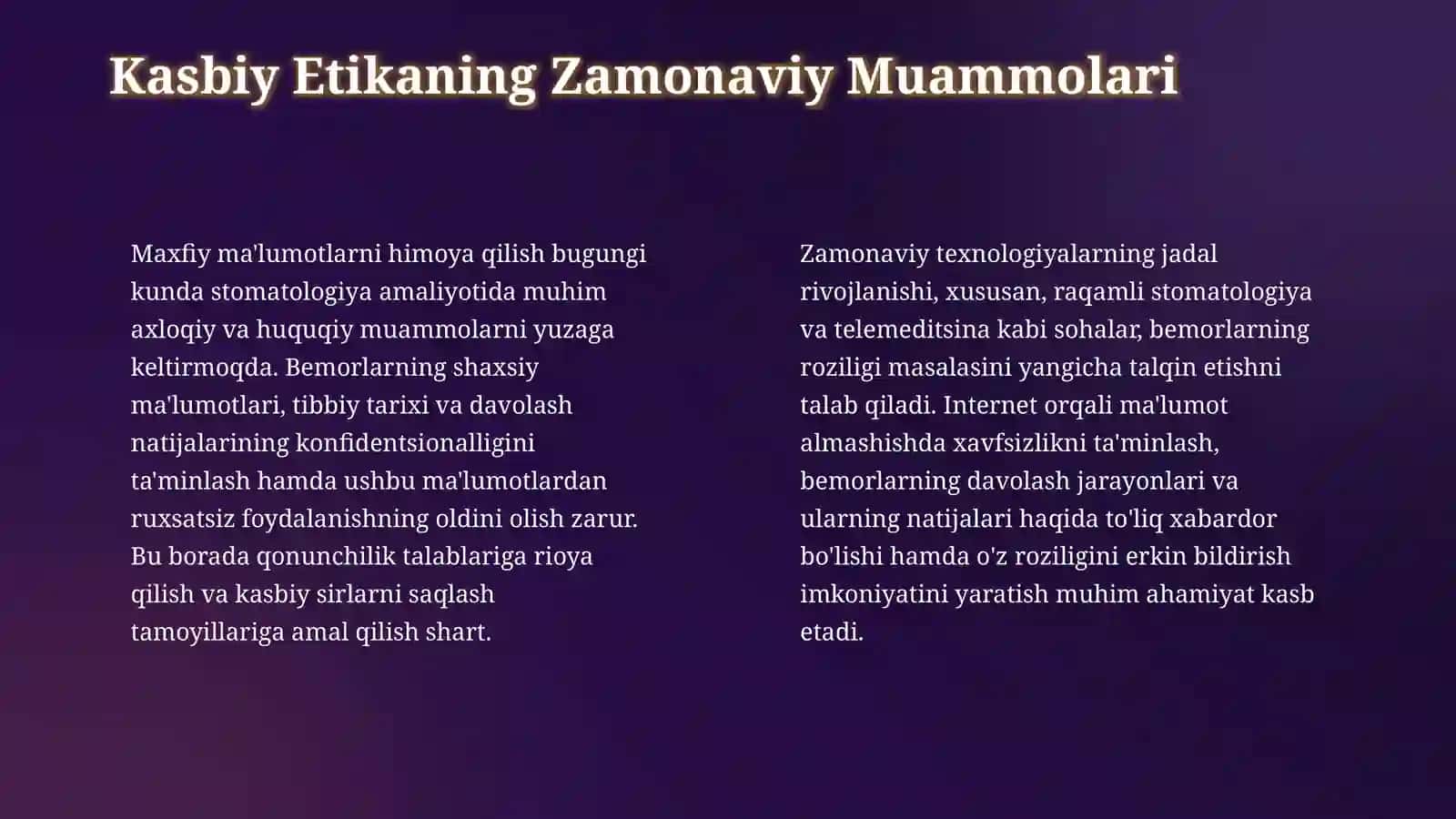 Stamatologiyada deontologiya va etika.Xalqaro tibbiy Etika kodeksi 4