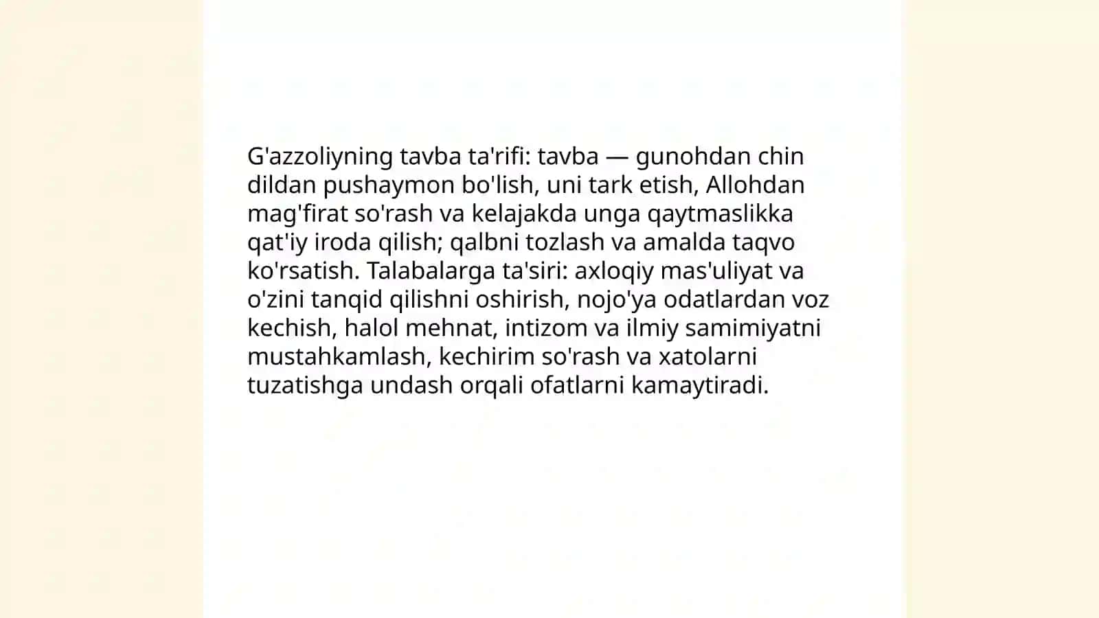 G'azzoliyning "Tavba" asarini tahlil etish va talabalaning oʻz faoliyatida mavjud ofatlarni aniqlash 4