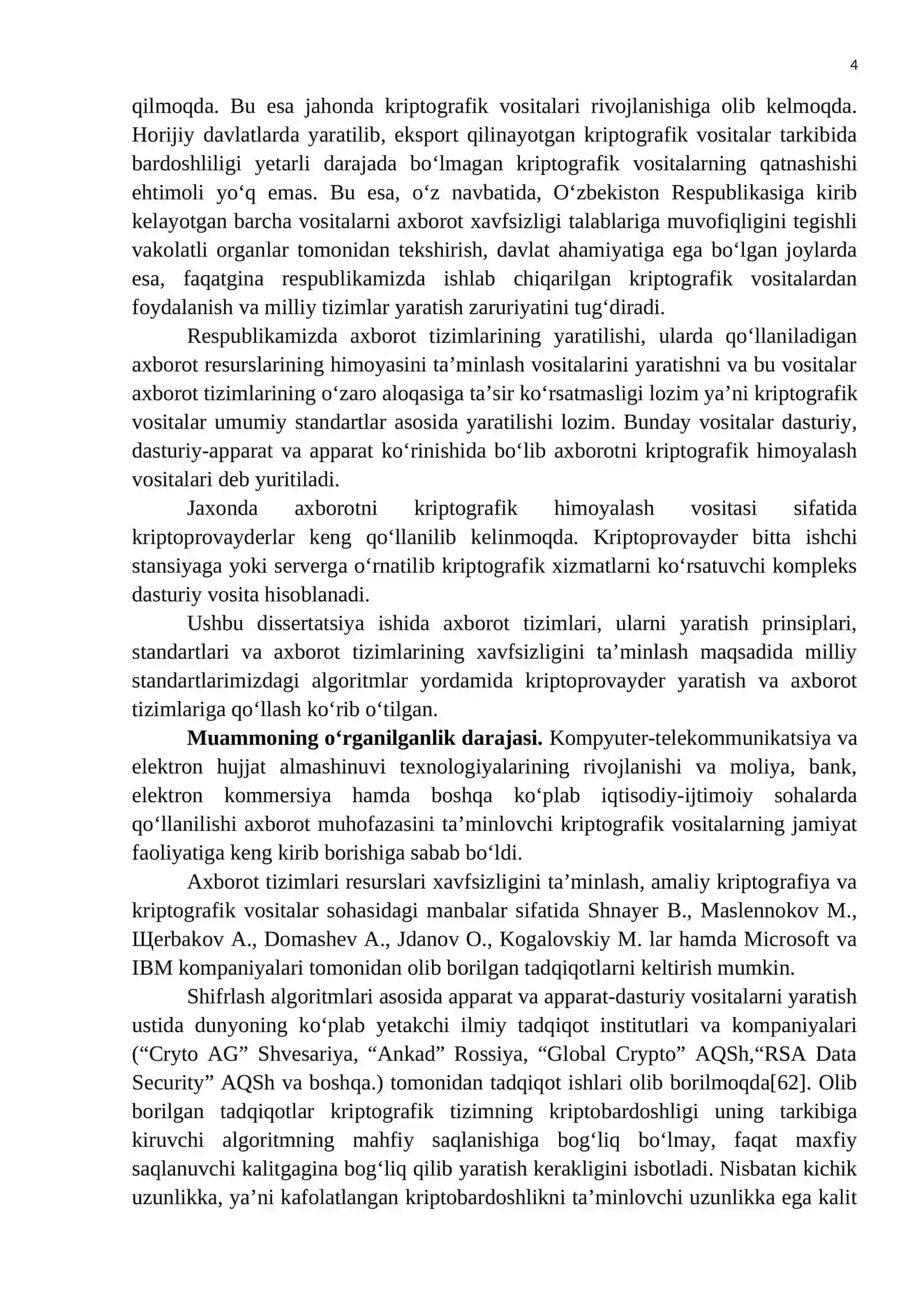 "MILLIY KRIPTOPROVAYDER YARATISH VA UNI  AXBOROT TIZIMLARIDA QO‘LLASH" MAVZUSIDA MAGISTR AKADEMIK DARAJASINI OLISH UCHUN YOZILGAN DISSERTATSIYA 4