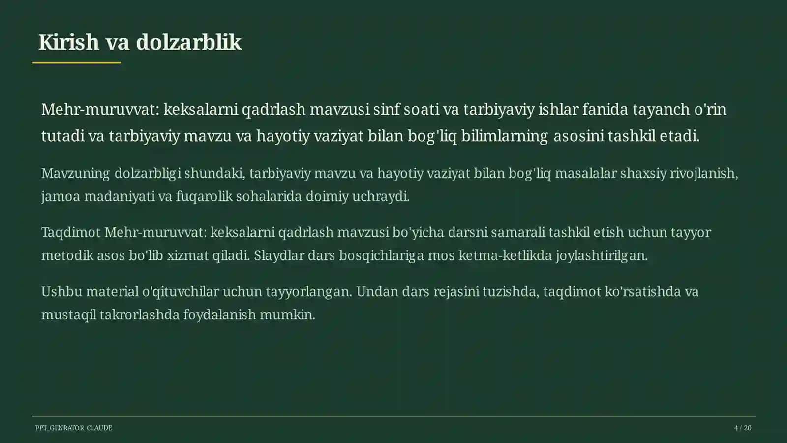 Sinf soati va tarbiyaviy tadbirlar (1–11) — o'qituvchilar uchun 4
