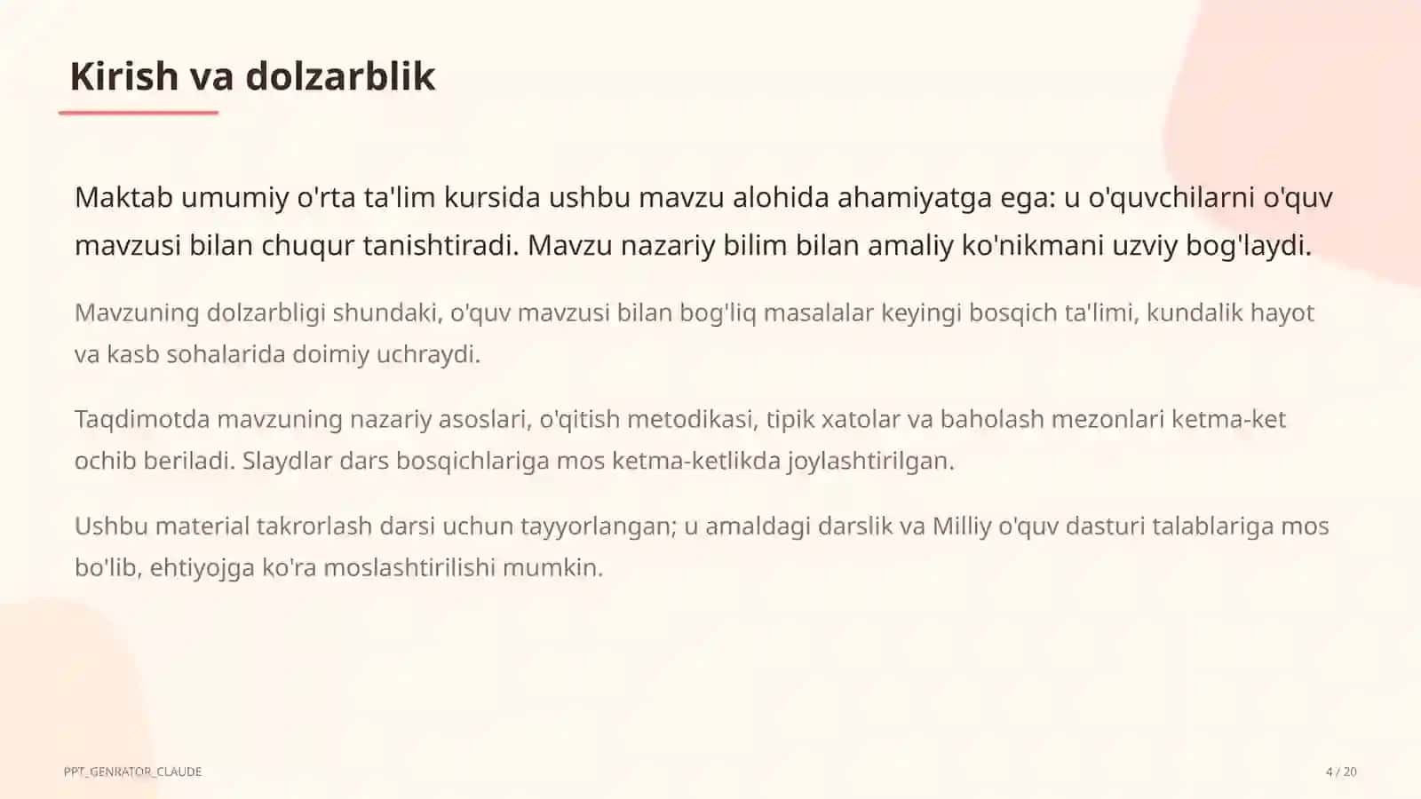 Dolzarb mavzular — maktab va o'qituvchilar (2026) — takrorlash darsi uchun 4