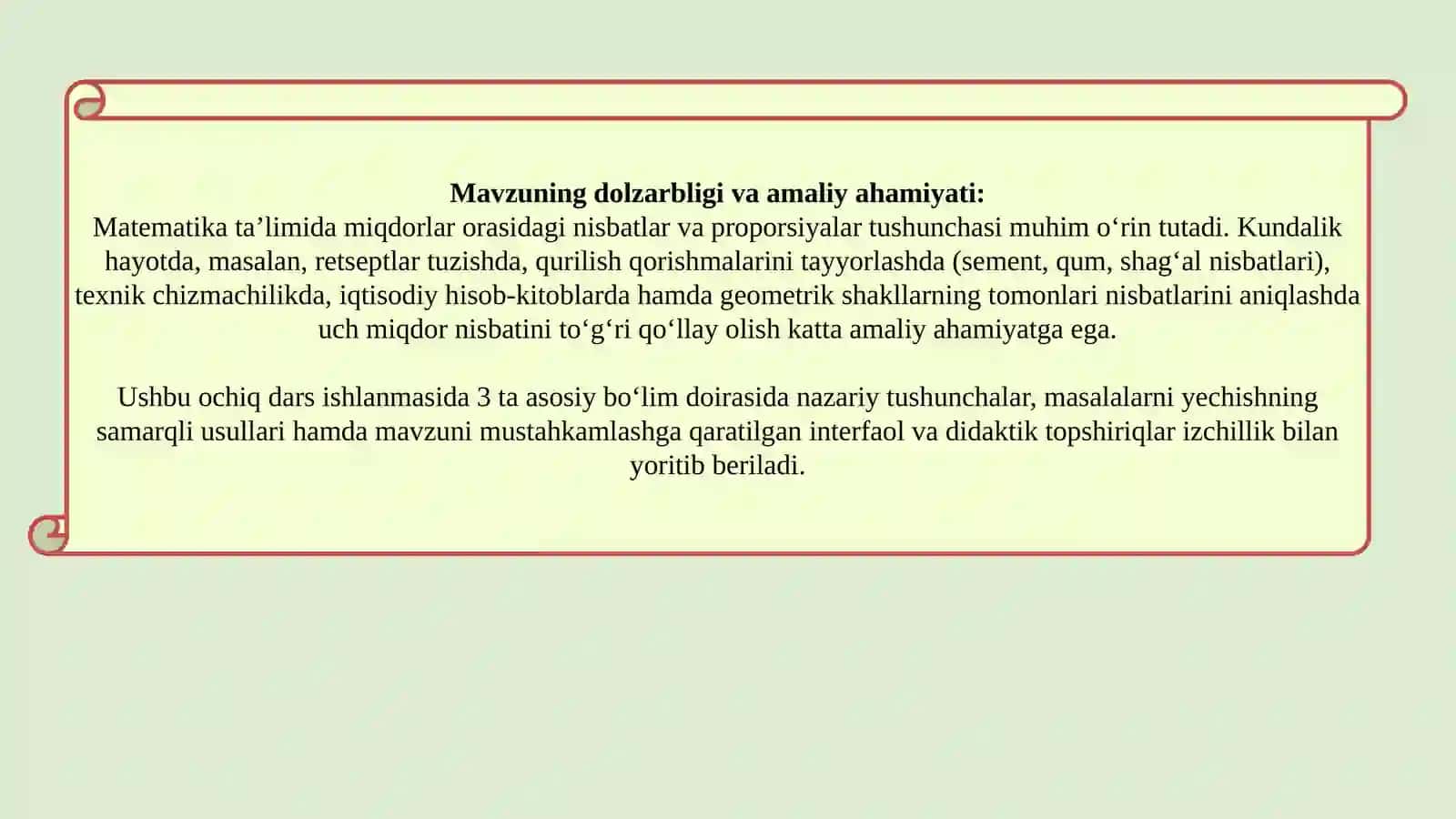 “Uch miqdor nisbati” mavzusida ochiq dars ishlanmasi      Mavzu: “Uch miqdor nisbati” mavzusida ochiq dars ishlanmasi 4