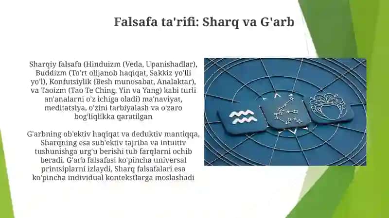 Filosofiya mazmun-mohiyatiga taalluqli boʼlgan Sharq va g'arb gʼoyalarini tasniflash 4