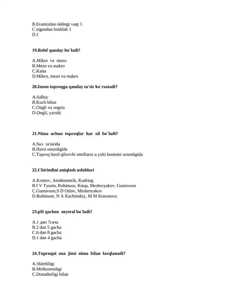 Tuproqshunoslik test 4