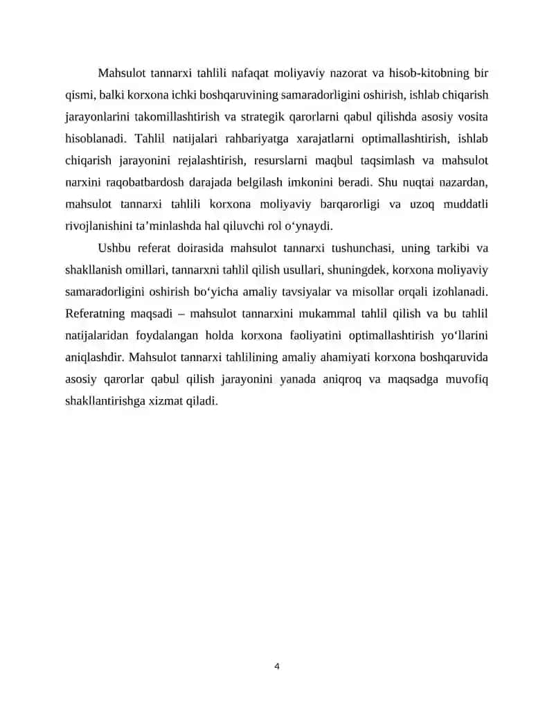 Korxonalarda mahsulot tannarxi tahlili REFERATi 4