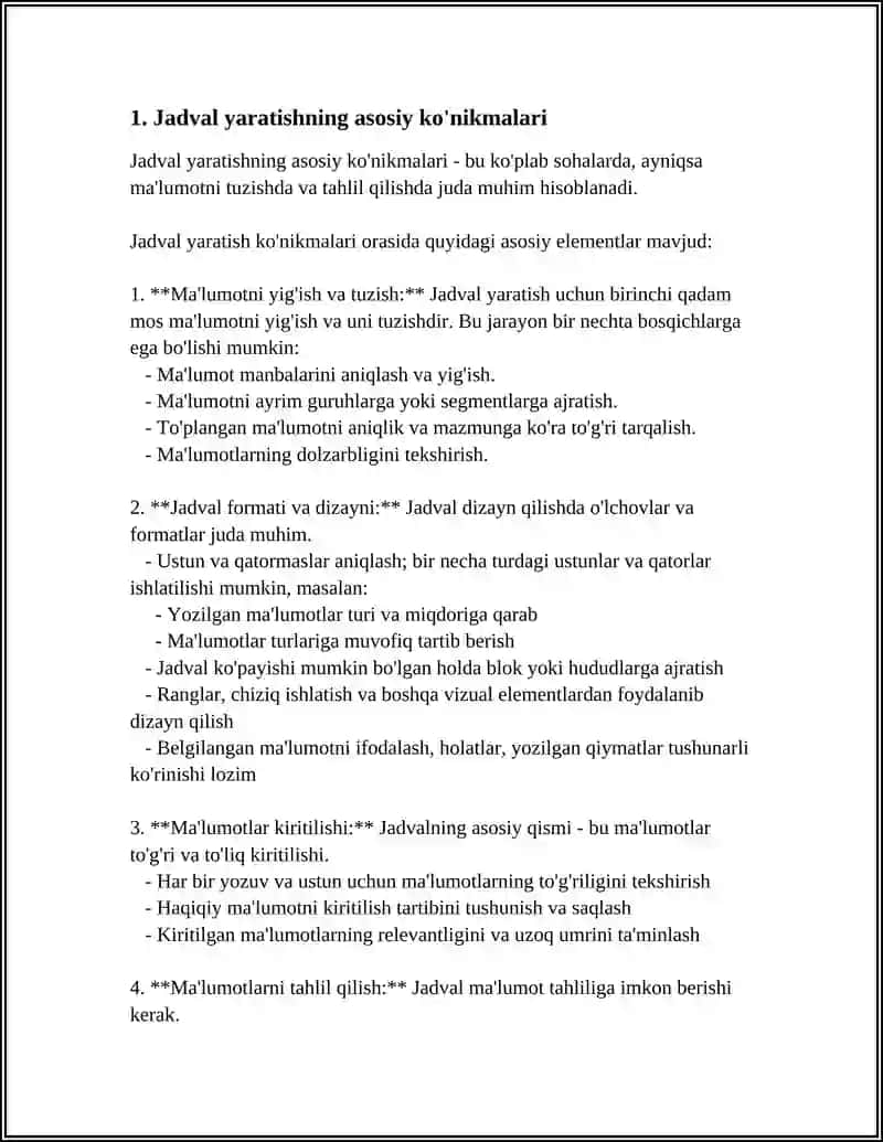 WORD MATN MUHARRIRIDA JADVALLAR YARATISH VA ULAR BILAN ISHLASH 4