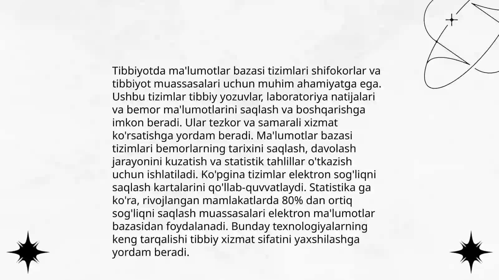 Tibbiyotda malumotlar bazasi loyihalashtirish mutaxassi shifokorning malumotlar bazasini boshqaruvchi tizimlar 4