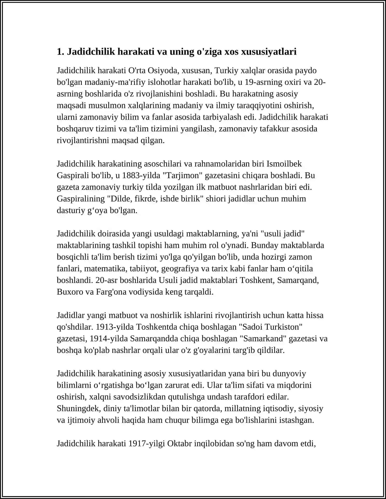 JADID MARIFATPARVARLARINING O'LKA IJTIMOIY- MANAVIY HAYOTIDA TUTGAN O'RNI ( MUNAVVAR QORI, FITRAT, BEHBUDIY VA BOSHQALAR ) 4