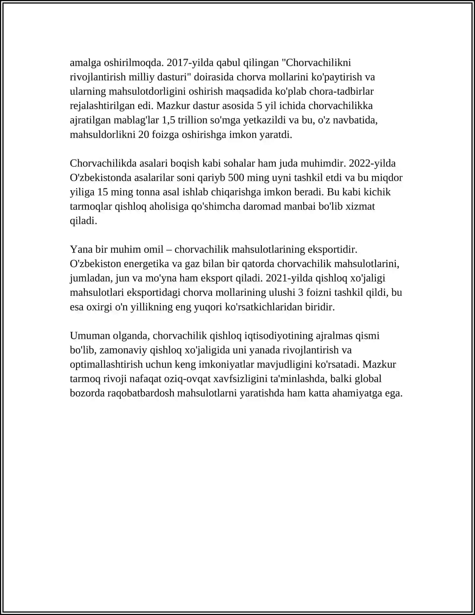O'ZBEKISTON RESPUBLIKASIDA CHORVACHILIKNI QISHLOQ XO'JALIGIDAGI O'RNI 4