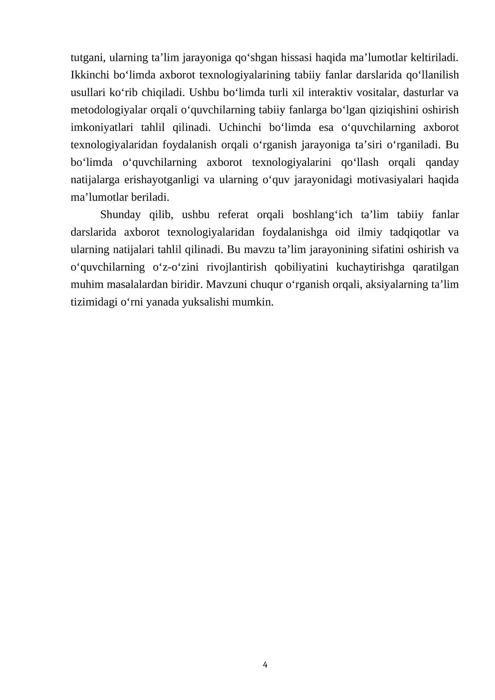 Boshlang‘ich ta’lim tabiiy fanlar darslarida axborot texnologiyalaridan foydalanishga oid 8 ta maqolani o‘rganish va tahlil qilish 4