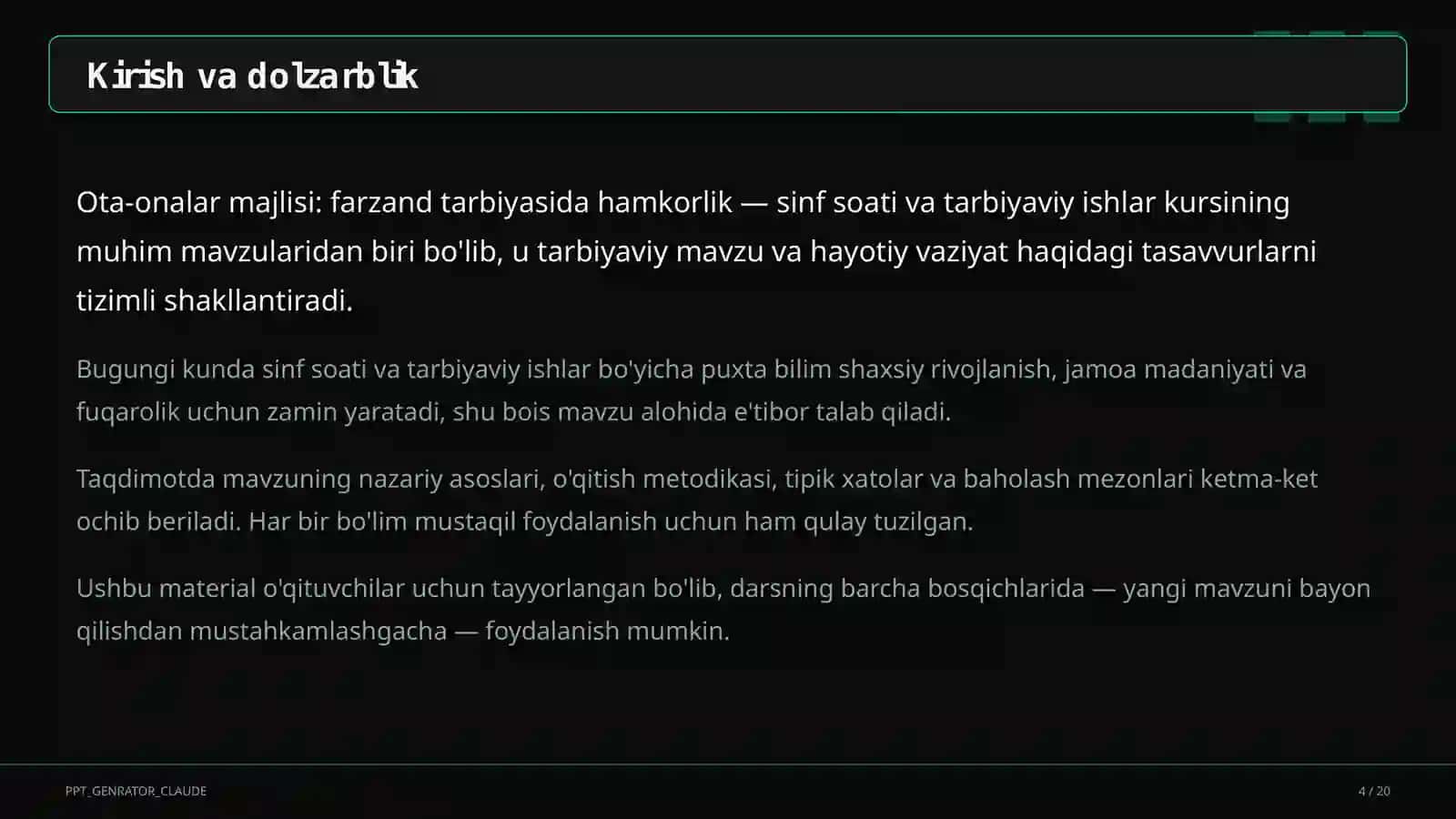 Sinf soati va tarbiyaviy tadbirlar (1–11) — o'qituvchilar uchun 4
