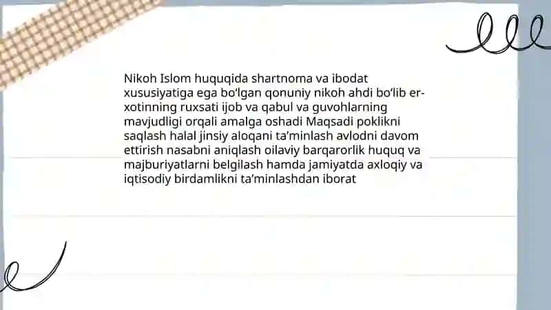 Islom huquqshunosligida oila, nikoh, taloq, idda, zihor tushunchalarini ta'riflash 4