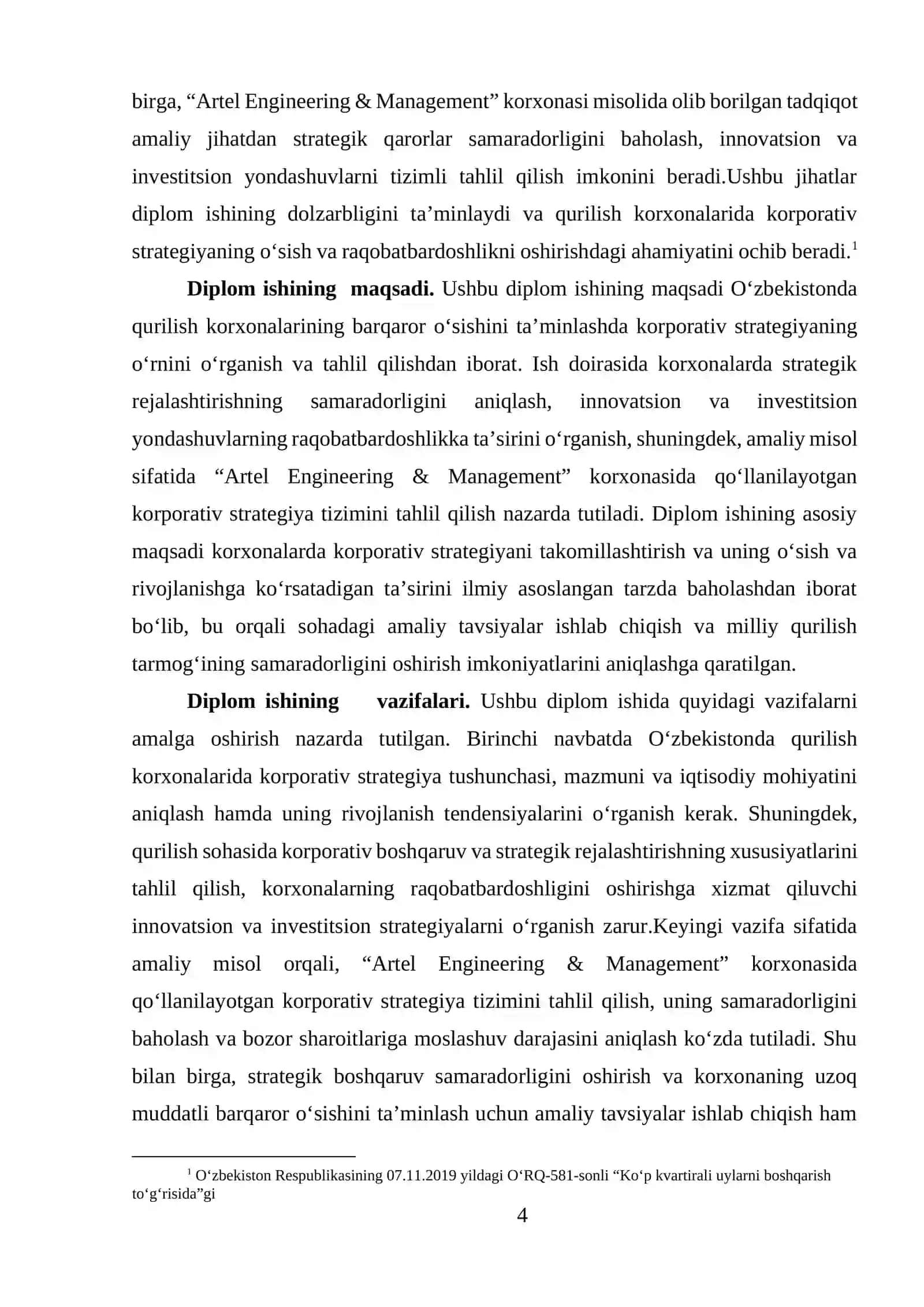 O‘zbekistonda qurilish korxonalarining o‘sishini ta’minlashda korporativ strategiyaning o‘rni (Artel Engineering & Management korxonasi misolida) 4