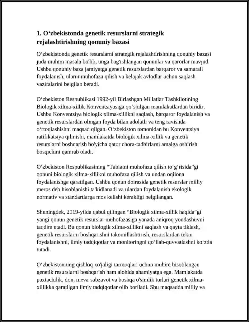 O'ZBEKISTONDA O'Z GENETIK RESURSLARINI STRATEGIK REJALASHTIRISH BU BORADAGI SIYOSATNI ISHLAB CHIQISH 4