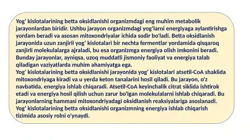 Yogʻ Kislotalarini Betta Oksidlanishi: Ahamiyati va Buzilishlari 4