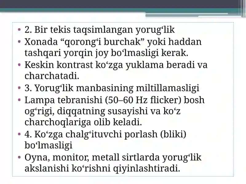 Xonaning tabiiy va sun’iy yoritilganlik ko’rsatkichlarini tezkshirish va baholash. 4