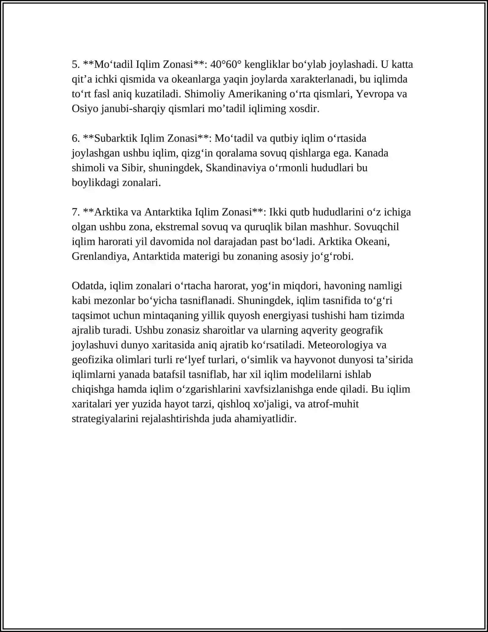 DUNYONING IQLIM MINTAQALARI VA OʻLKALARI KARTASI 4