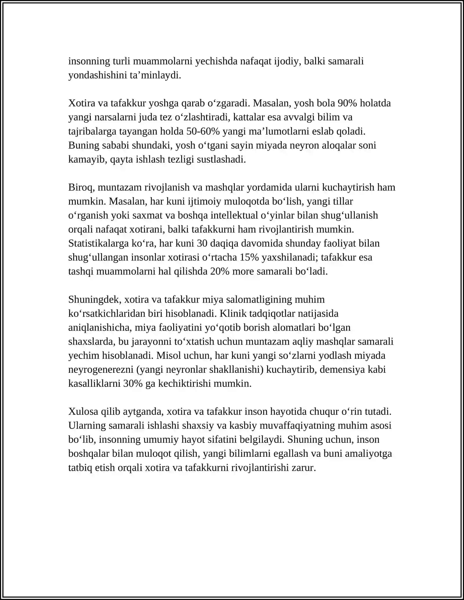 MUSTAQIL ISH Mavzu: XOTIRA VA TAFAKKUR 4
