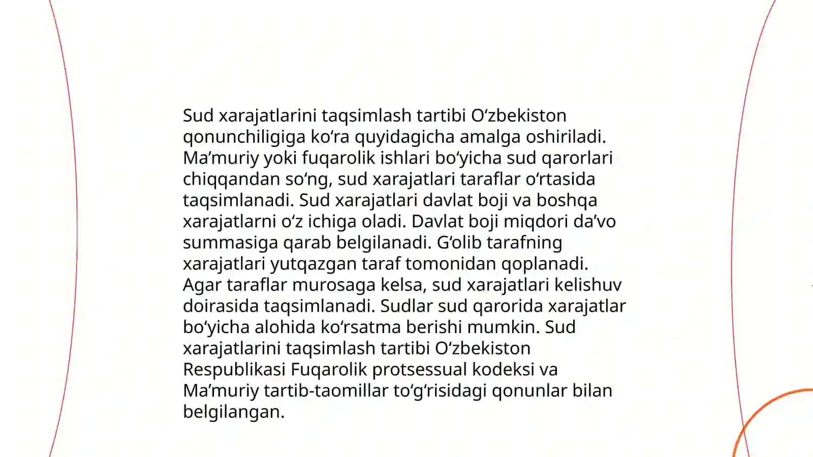 Sud harajatlari, protsessual muddatlar, sud ajrimi va qarori, sud bayonnomasi, kelishuv bitimi 4