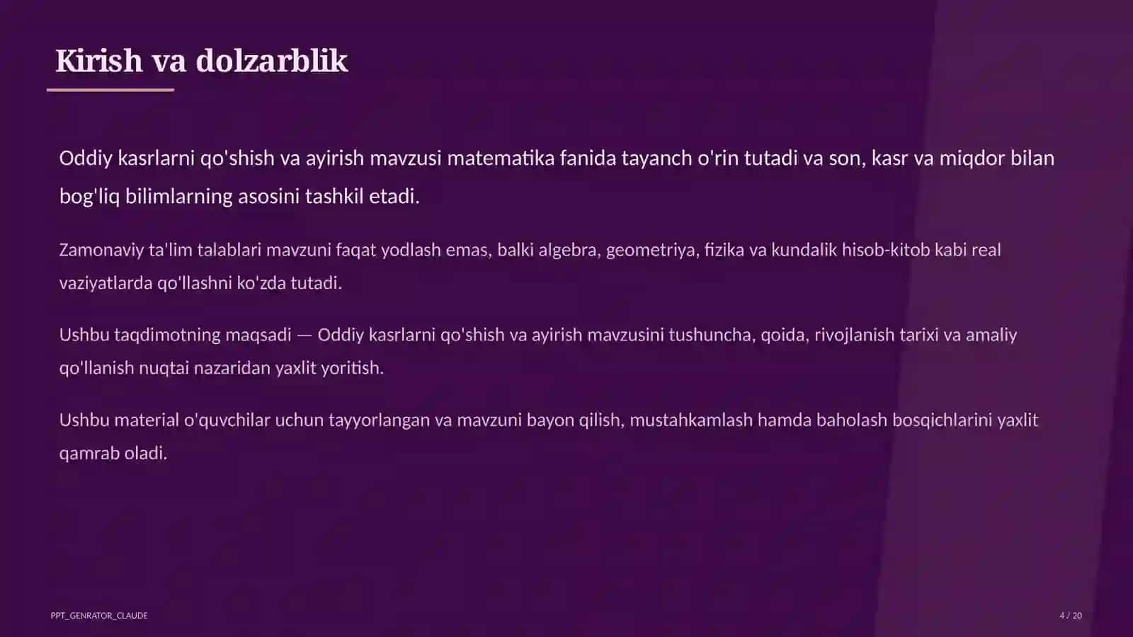 Oddiy kasrlarni qo'shish va ayirish (5-sinf) 4