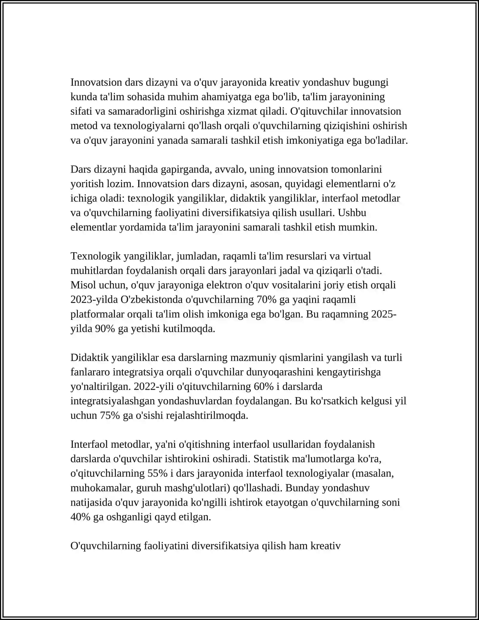 ONA TILI VA O'QISH SAVODXONLIGI DARSLARIDA QOʻLLANADIGAN INNOVATSION PEDAGOGIK TEXNOLOGIYALARNI OʻZ IJODIY FAOLIYATINGIZ ASOSIDA BERING. METOD, METODIKA, USUL, PEDAGOGIK TEXNOLOGIYALARNI FARQLI BELGILARINI KO’RSATING 4