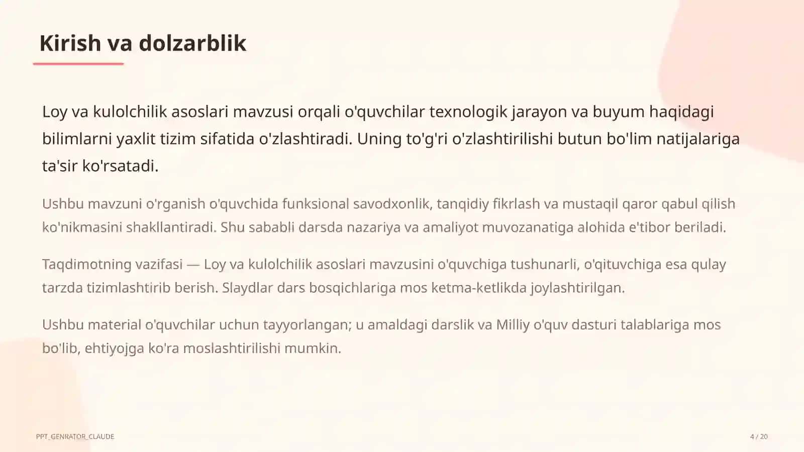 Loy va kulolchilik asoslari (4-sinf) 4
