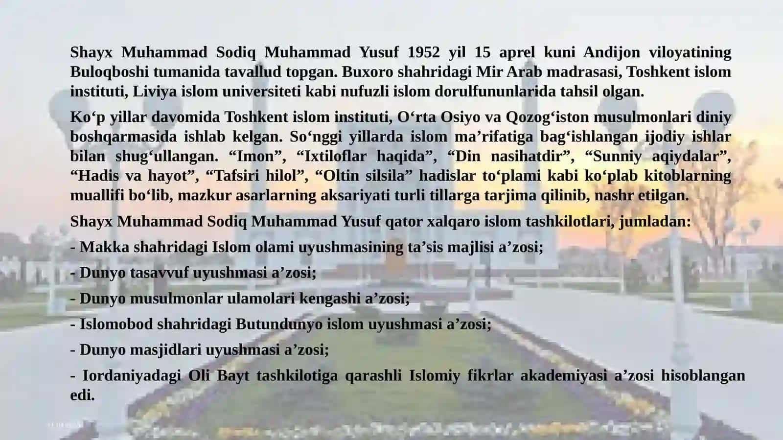 Shayx Muhammad Sodiq Muhammad Yusufning islom diniga qo'shgan hissasi mavzusida taqdimot 4