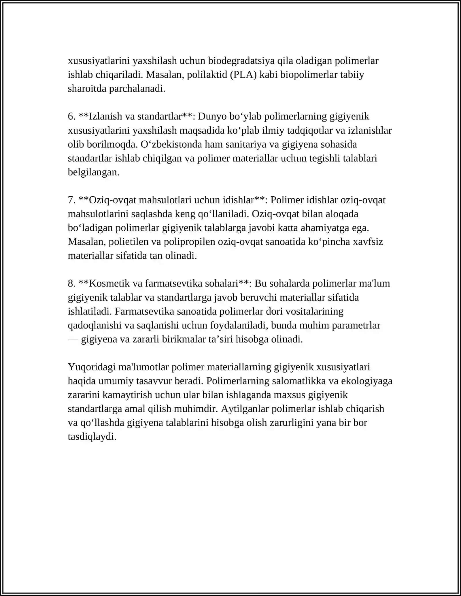 POLIMER MAXSULOTLARINI SANITARIYA-GIGIYENIK VA TOKSIKOLOGIK TEKSHIRUVLARINI OTAKZISH AHAMIYATI 4