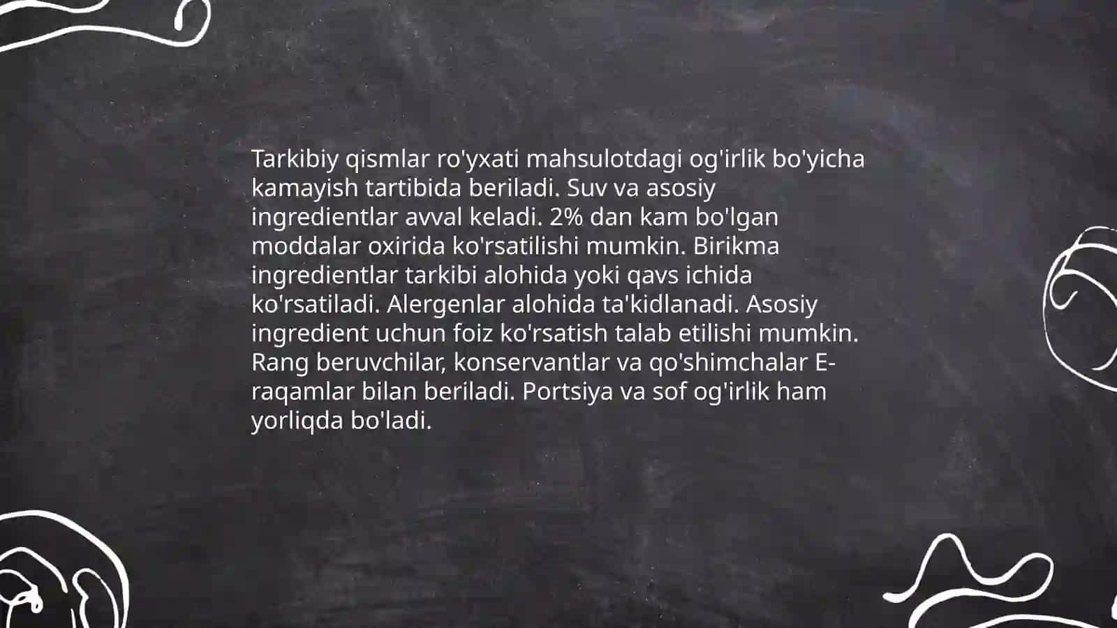 Oziq ovqat mahsulotlarining tarkibi foydali va zararli xususiyatlarini yorliqlari 4