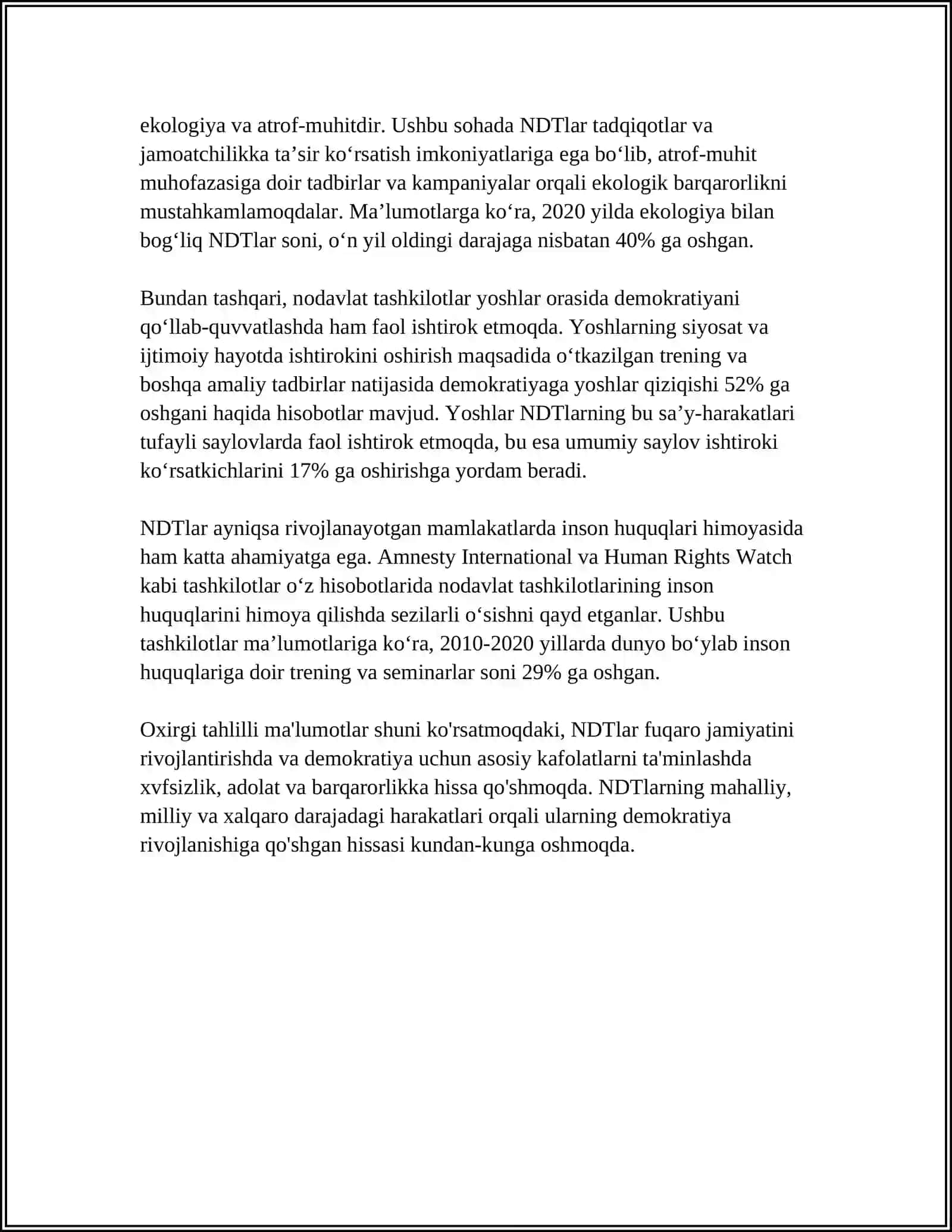 MUSTAQIL ISH Mavzu: NODAVLAT VA JAMOAT TASHKILOTLARNING OZBEKISTONDA DEMOKRATIK JAMIYAT BARPO ETISHDAGI ORNI VA AHAMIYATI 4