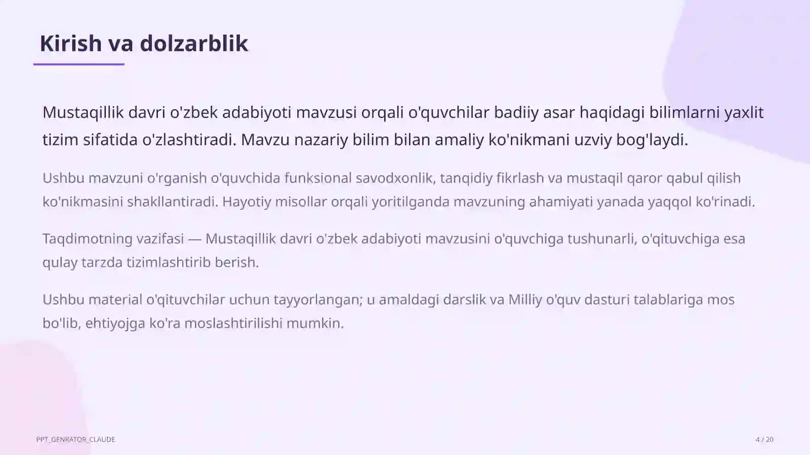 Mustaqillik davri o'zbek adabiyoti (11-sinf) 4