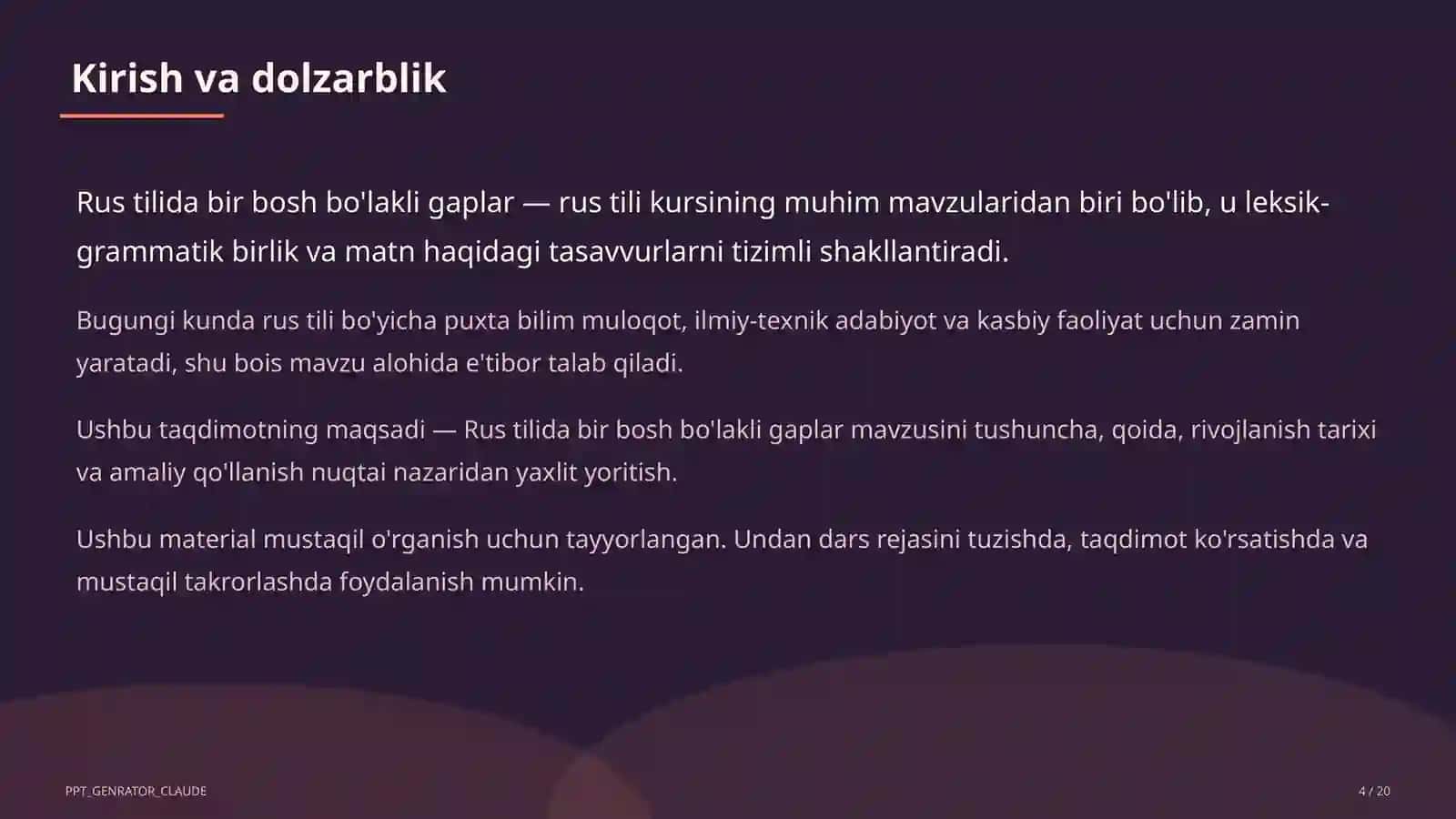 Rus tilida bir bosh bo'lakli gaplar (8-sinf) 4