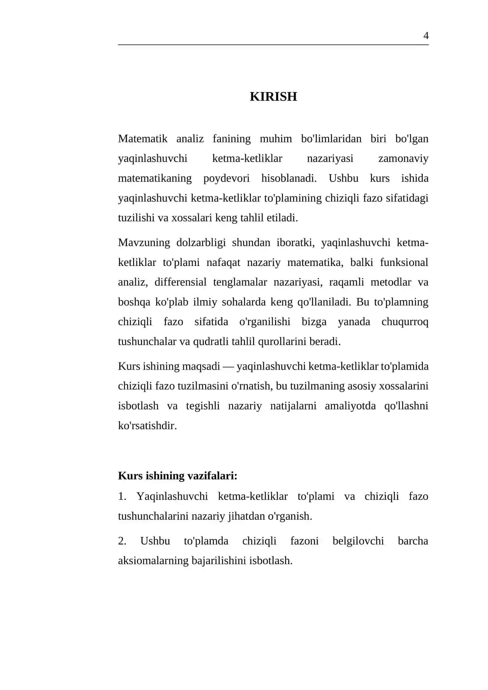 YAQINLASHUVCHI KETMA-KETLIKLAR TO'PLAMINING CHIZIQLI FAZO SIFATIDA O'RGANISH 4