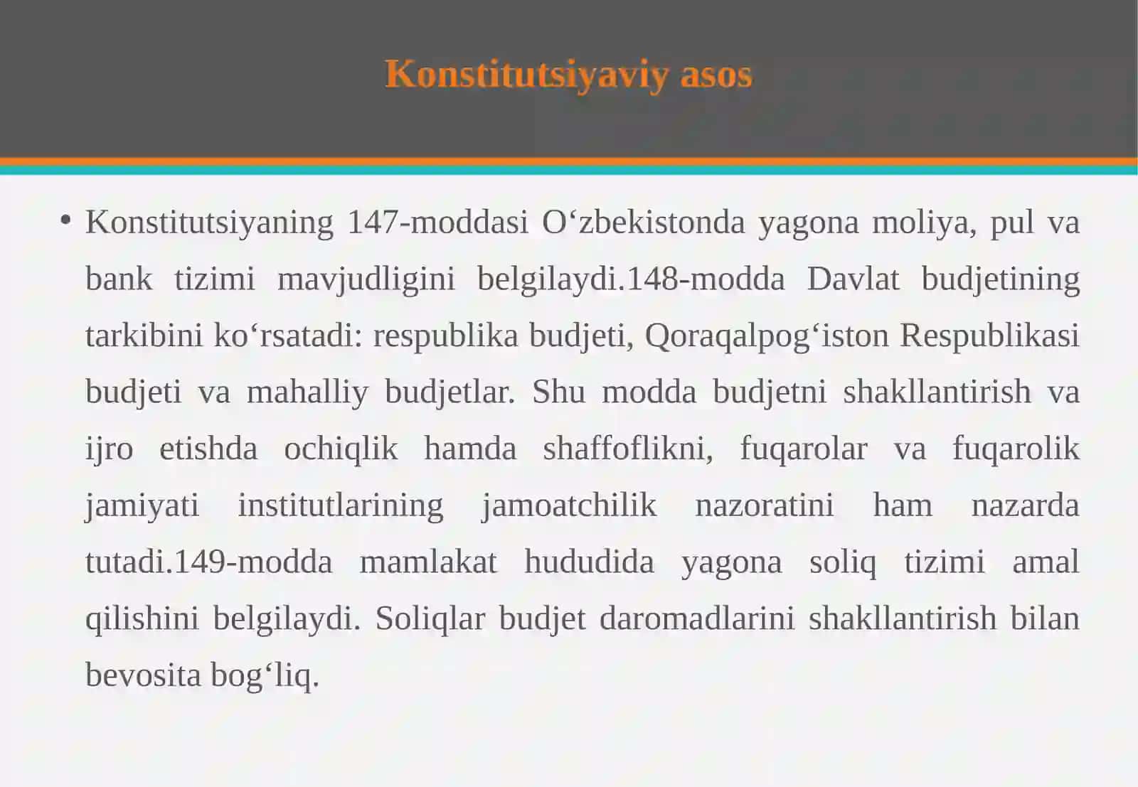 Byudjet tizimining tarkibiy tamoyillari, byudjet tizimi byudjetlari – O‘zbekiston 4