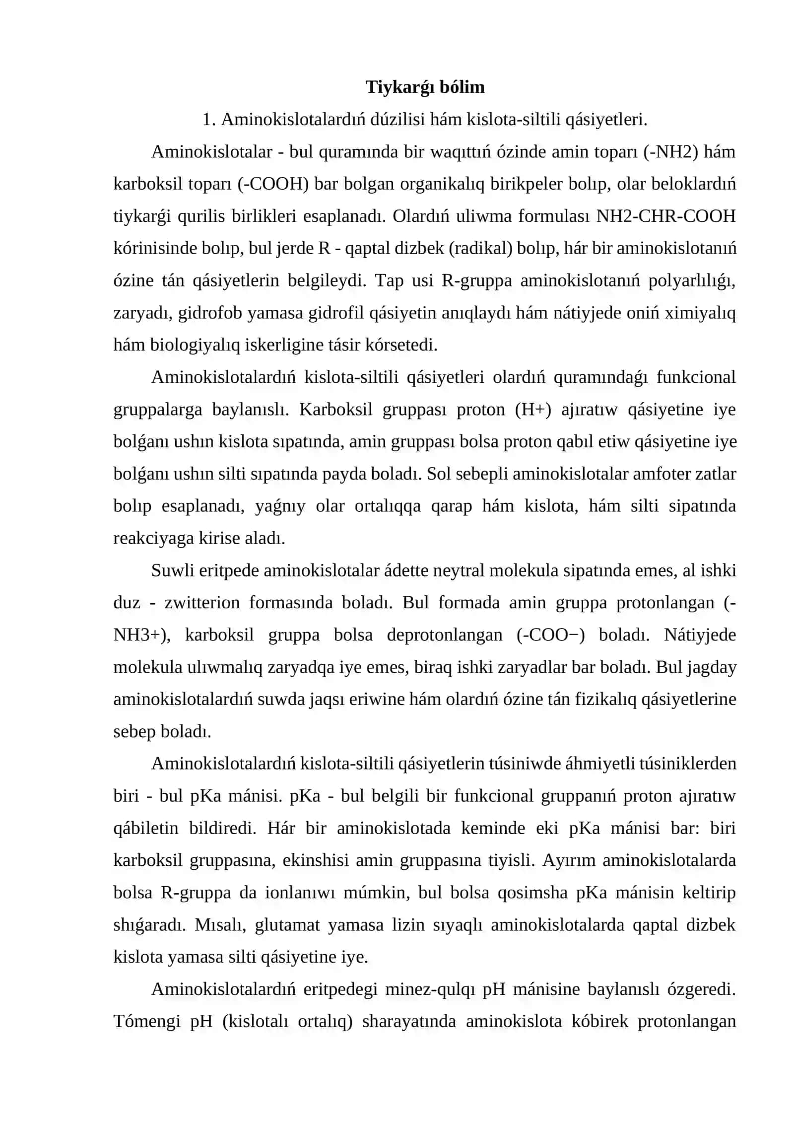 Aminokislotalardıń kislota-siltili qásiyetleri hám olardıń dúzilisiniń pH qa baylanıslılıǵı. Peptidler sintezi 4