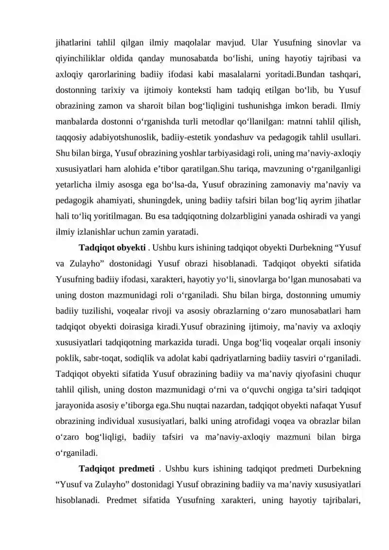 Durbekning "Yusuf va Zulayho" dostonida Yusuf obrazi 4