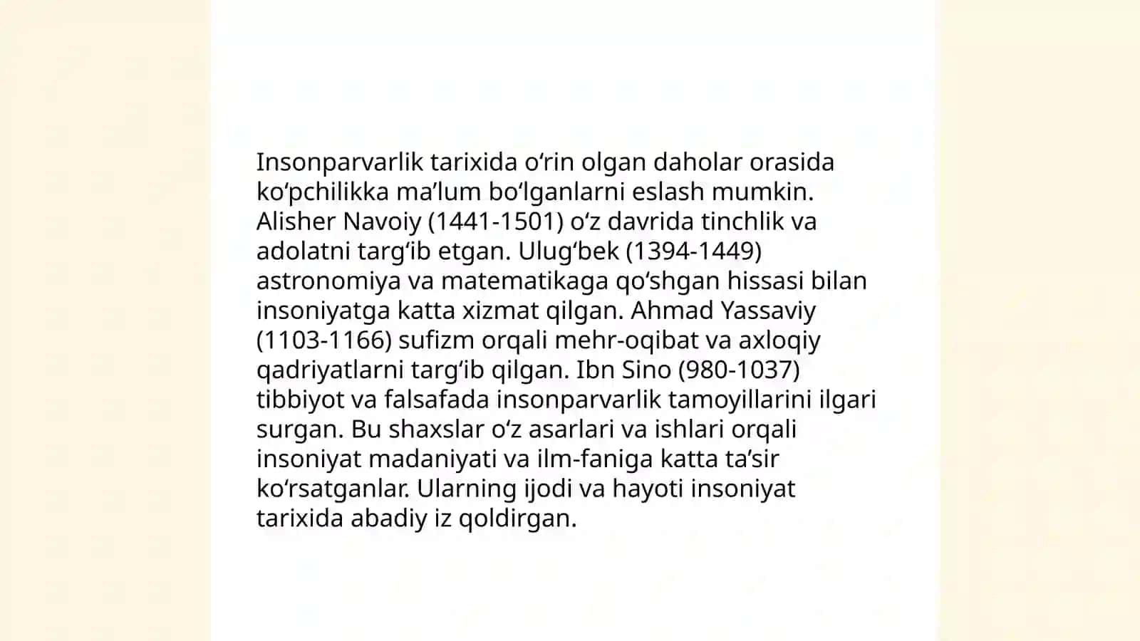 Insonparvarlikning ulug' daholari umr mazmuni 4