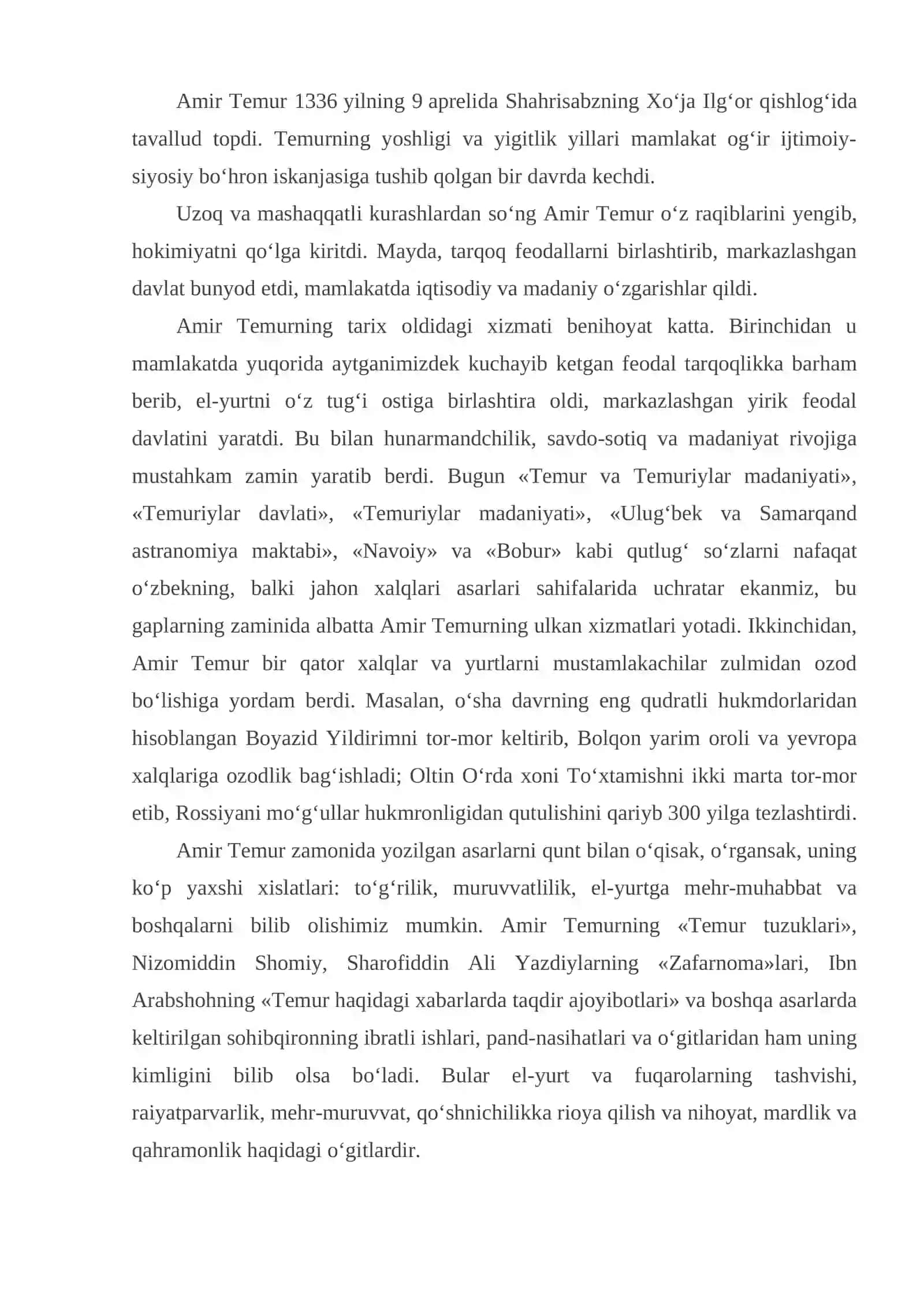 Movarounnahrda Amir Temur tomonidan markazlahgan davlat barpo etilishi va uning fan, madaniyat va ma’rifat rivojiga qo’shgan hissasi 4