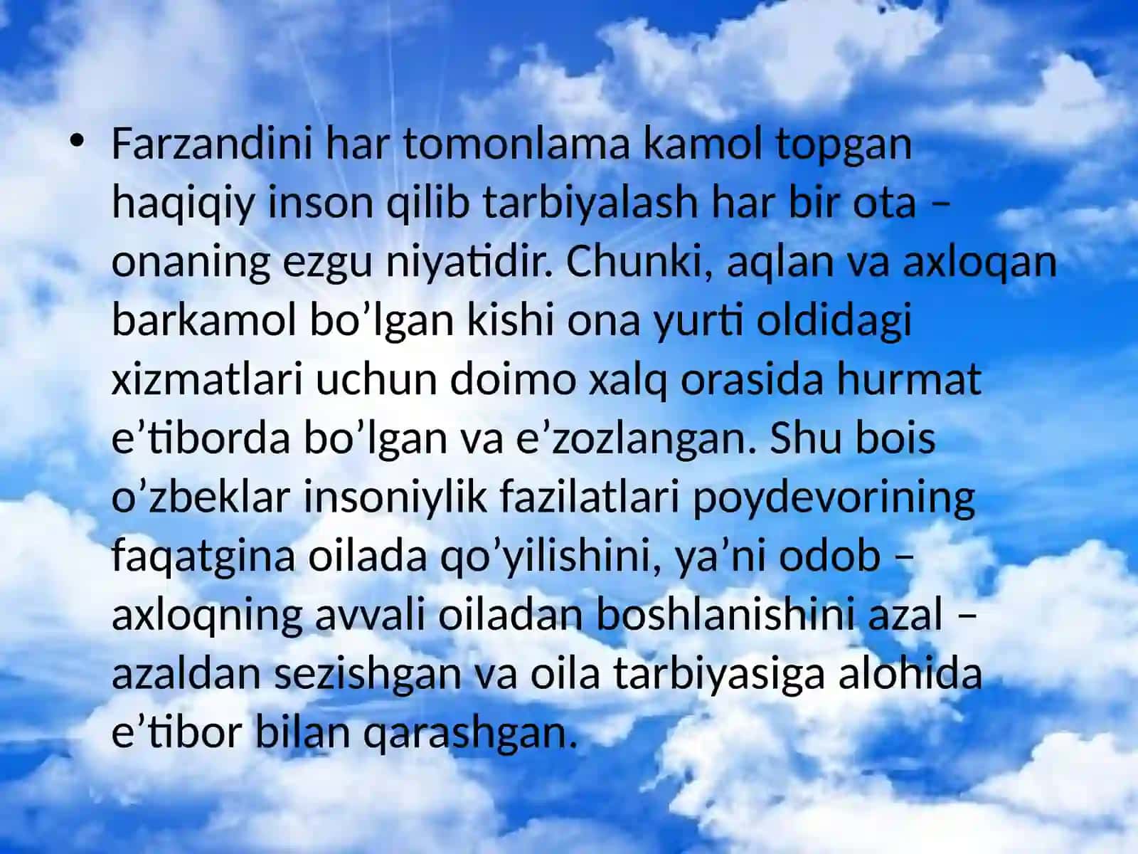 O`ZBEKISTONRESPUBLIKASI PREZIDENTINING OILA VA OILA TARBIYASI TO`G`RISIDAGI FIKRLARI VA ASRLARINIO`RGANISH 4