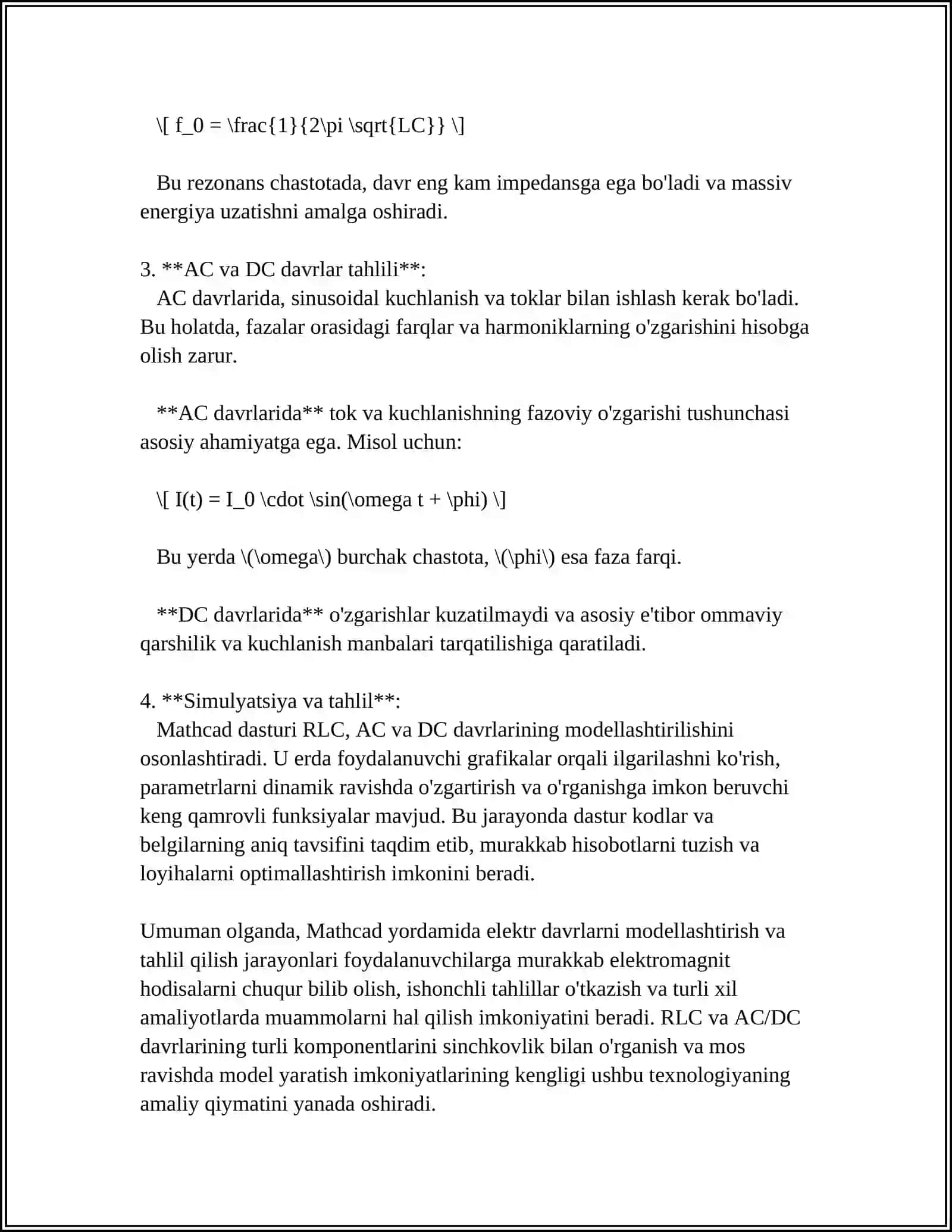 SOHADAGI TEXNIK TIZIMNI IFODALOVCHI MUHANDISLIK MASALALARINI YECHISH (SOHA BOYICHA MATHCAD SISTEMALARIDA ISHLASH) 4