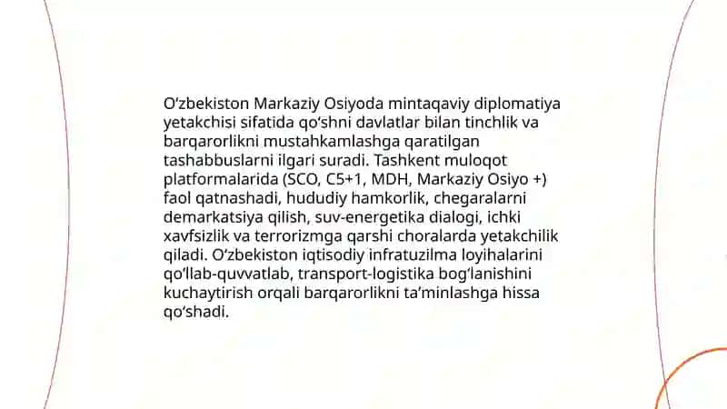 Oʻzbekistonning Markaziy Osiyo tinchlik va barqarorligini taʼminlaydigan oʻrni 4